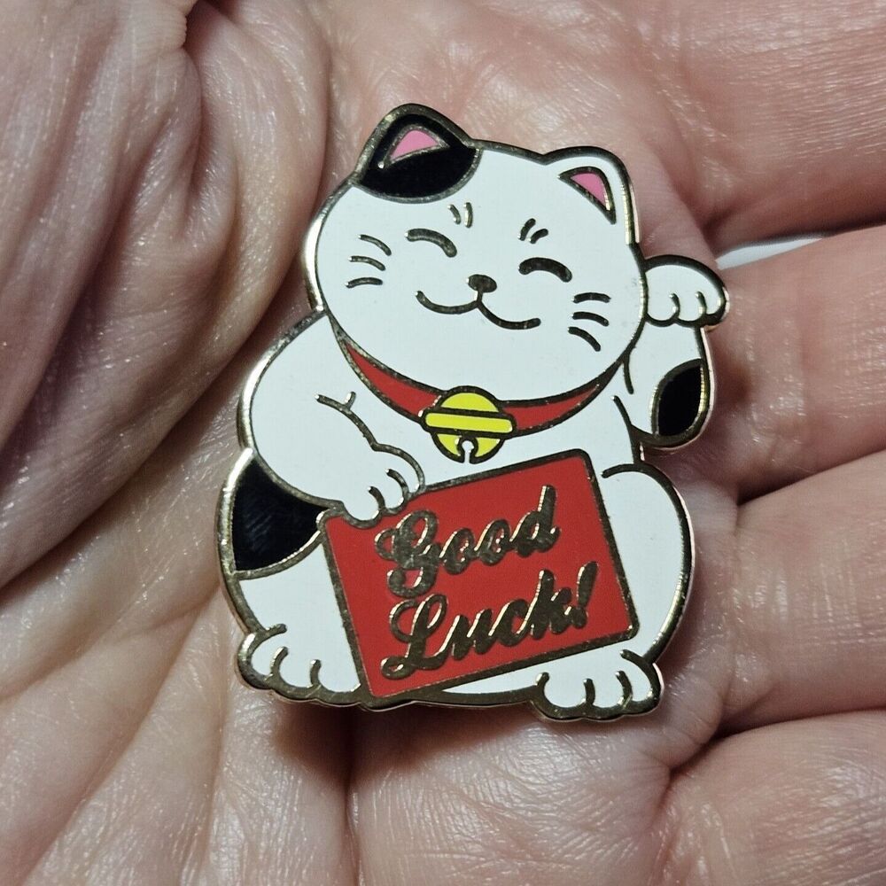 **Sale** Real Sic Gold Tone White And Black Enamel Good Luck Cat Pin